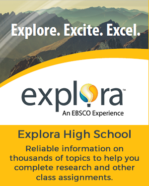 Graphic of mountains with words explore, excite, excel, Explora an Ebsco experience